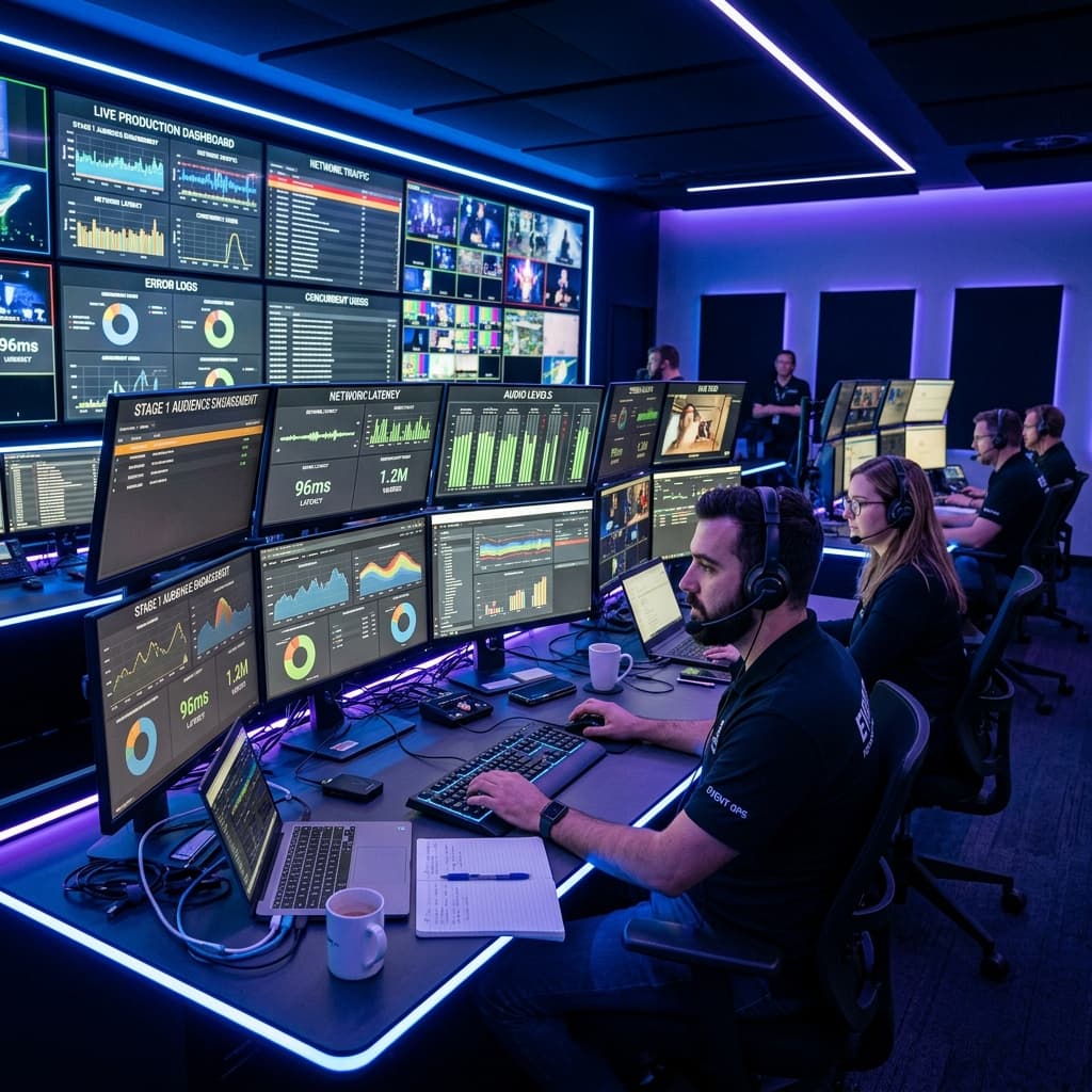 High-tech live event control room and real-time performance telemetry