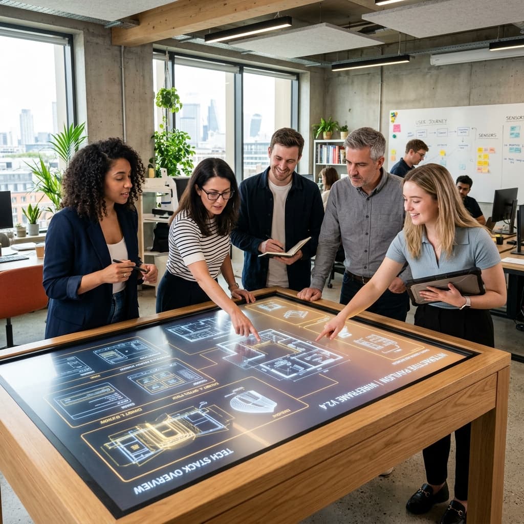 Experiential agency team collaborating with tech partners over interactive wireframes