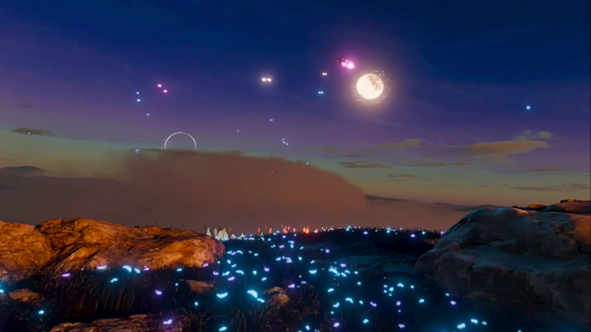 Rendered Aseer mountain world with glowing plants and a moonlit sky
