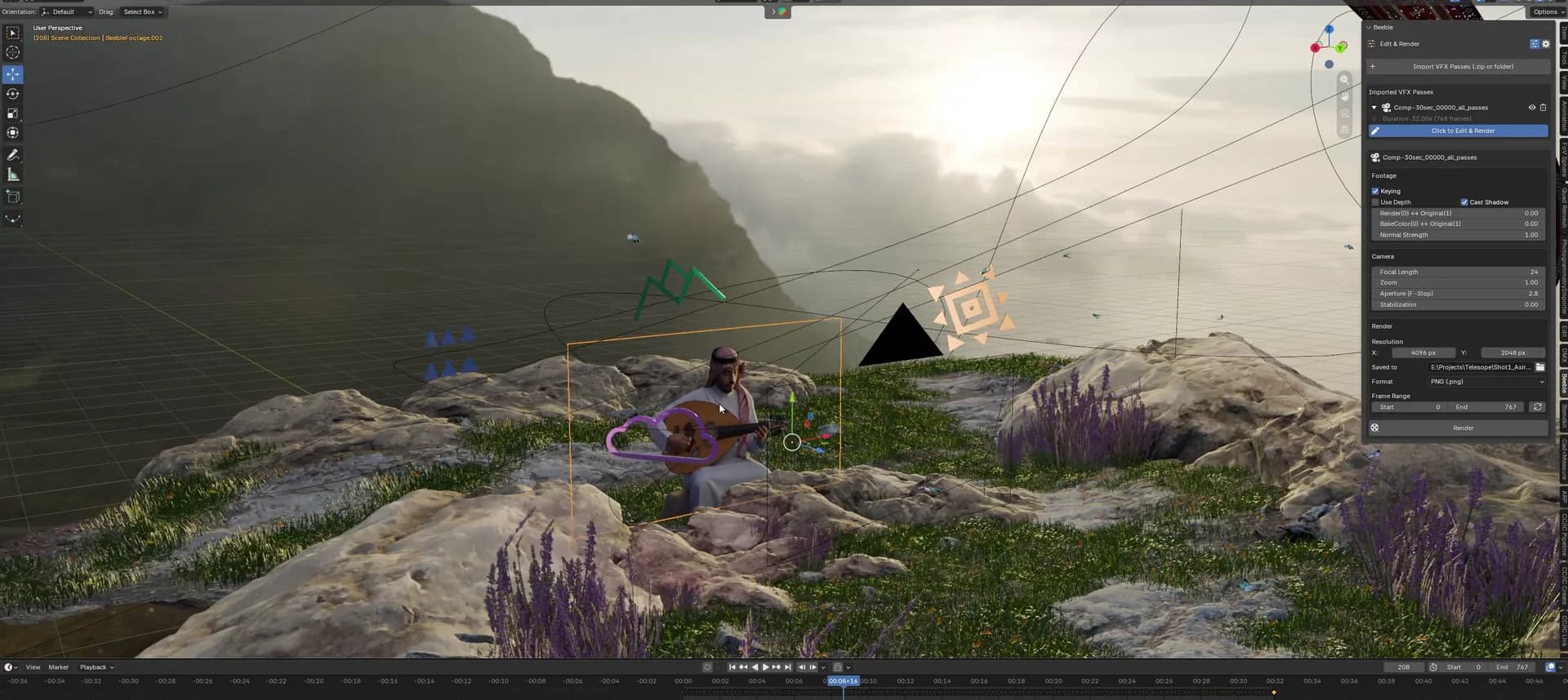 Oud performer composited into the Aseer mountain environment in the 3D scene