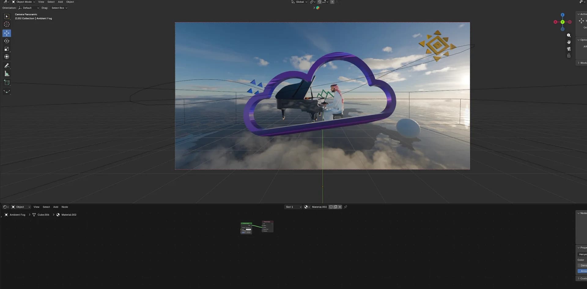 Piano performance among the clouds inside a portal in the 3D scene